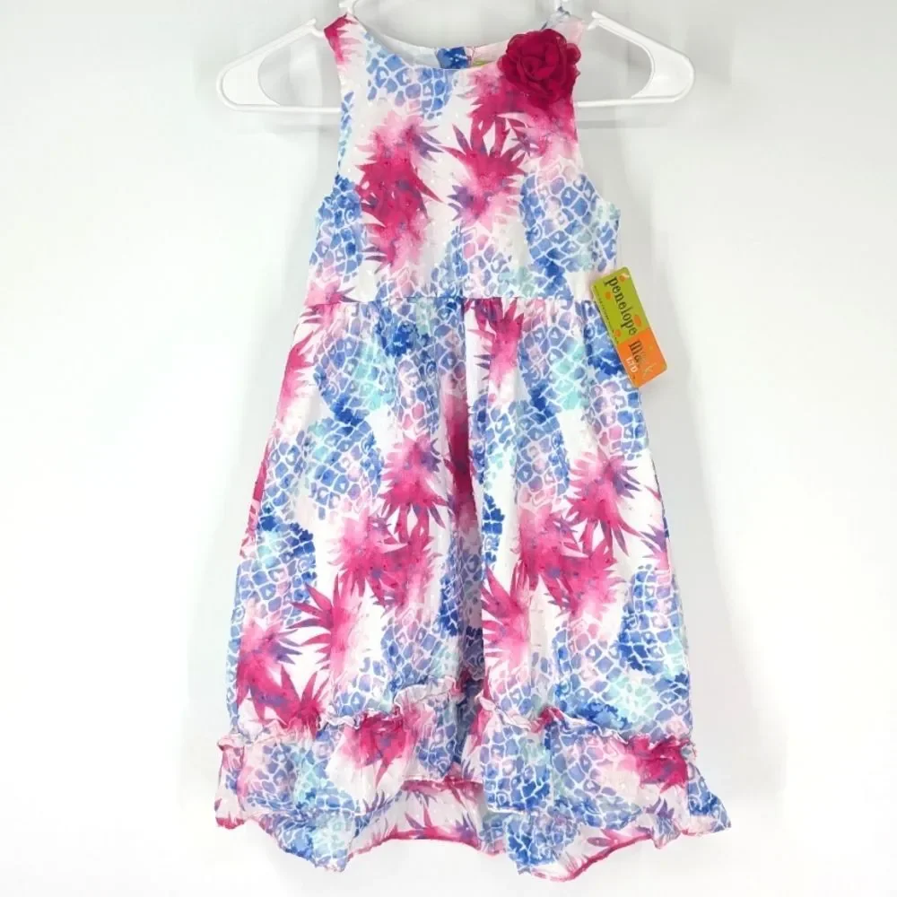 Penelope Mack Pink Blue Watercolor Tropical Sleeveless Girl's Sun Dress 7 NWT
